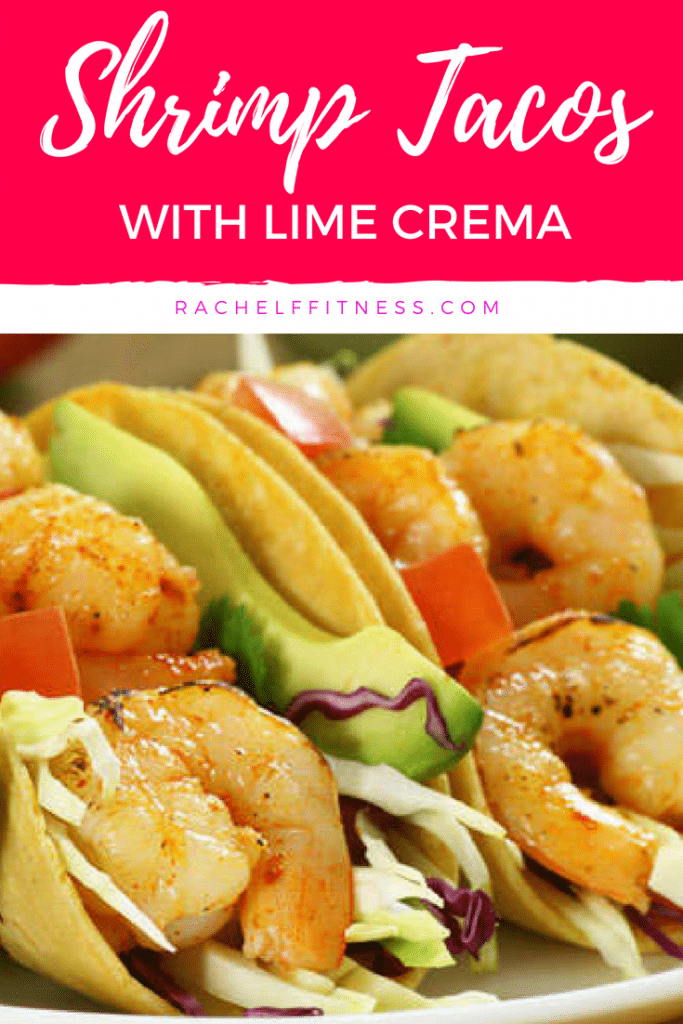 These easy to make, seasoned shrimp tacos are flavorful and topped with lots of fresh veggies to make it a complete meal. Ready in less than 20 minutes, these tacos are perfect for Taco Tuesday or any weeknight! | Rachel Freebairn Fitness | #TacoTuesday #shrimptacos #tacorecipe