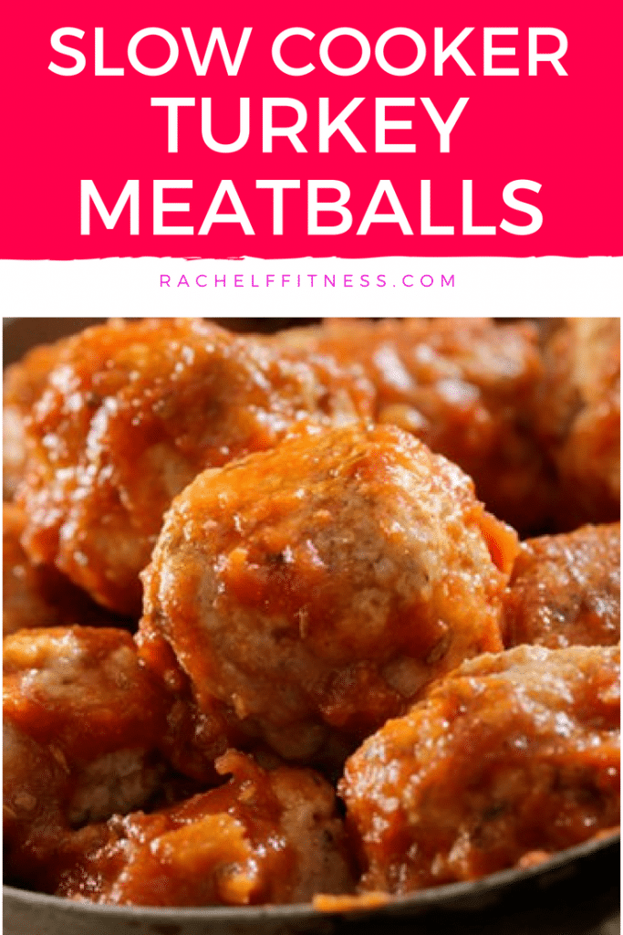 Pan full of turkey meatballs with a banner across the top saying Slow Cooker Turkey Meatballs