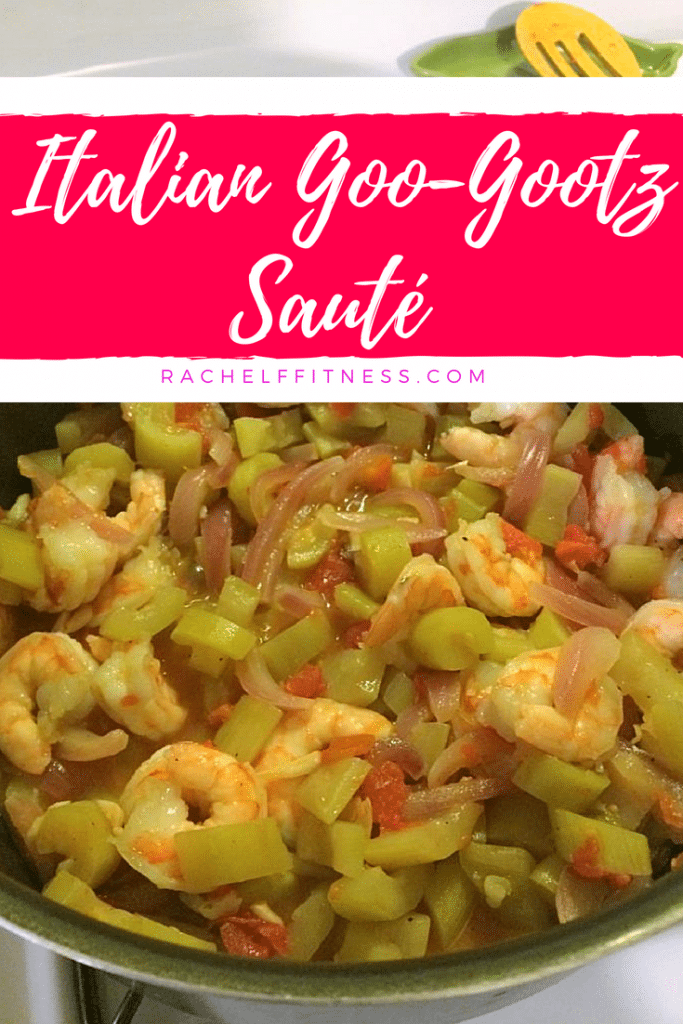 Italian Goo-Gootz Saute Recipe. This delicious saute includes the Cucuzza squash, onions and tomatoes. I added in shrimp for protein, but it could be made without for a great vegetarian dish! | Rachel Freebairn Fitness | #shrimprecipe #healthyrecipe #healthydinner #italianrecipe